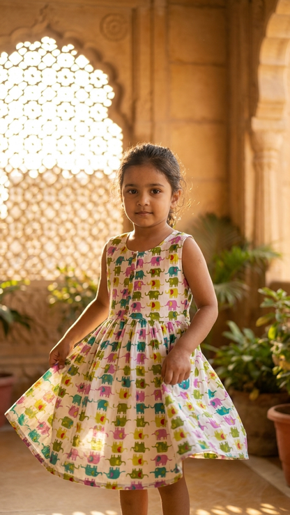 Whimsical Elephant Print Girls' Cotton Sleeveless Frock