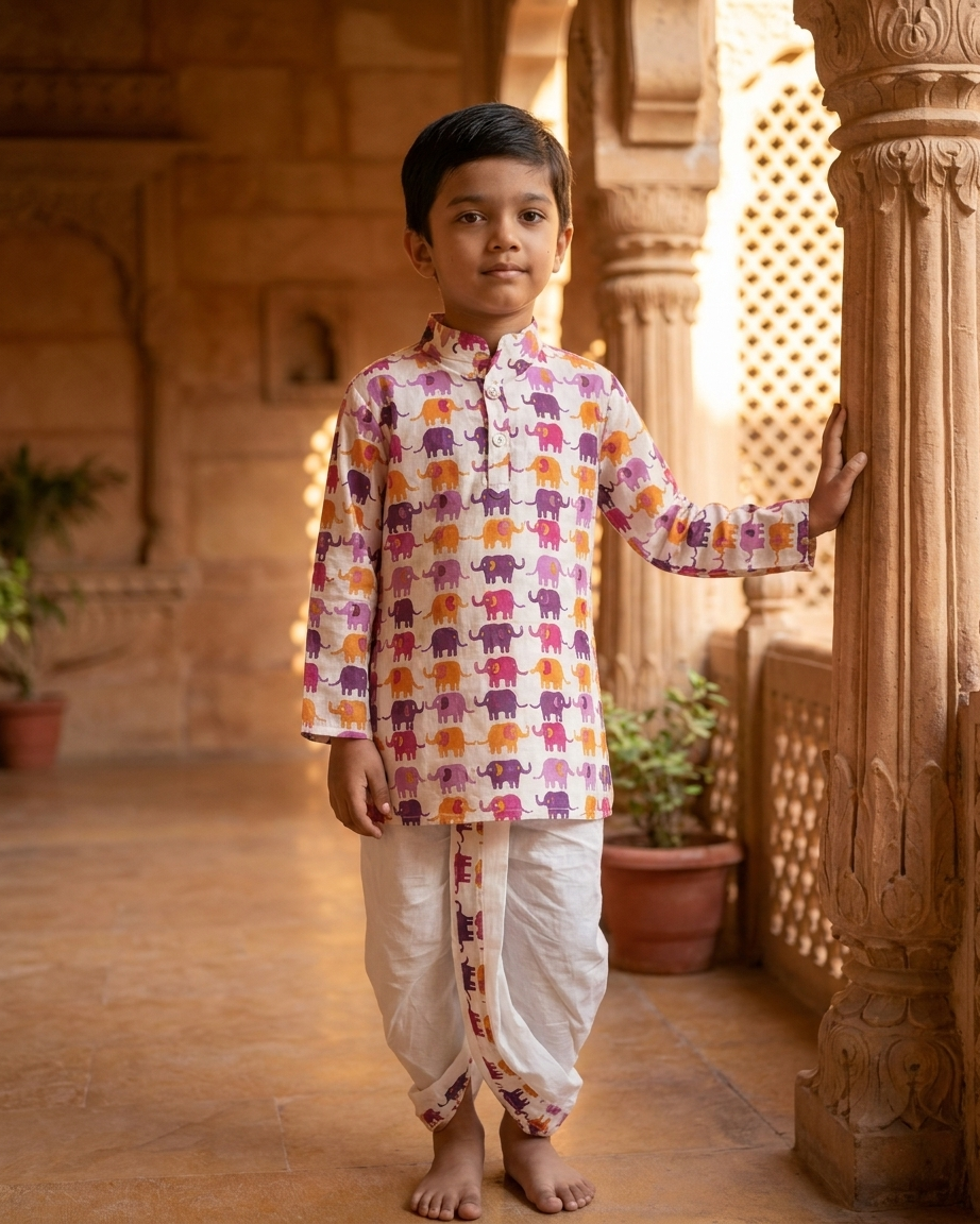 Vibrant Jubilation: Boys' Pink & Purple Elephant Print Kurta Dhoti Set