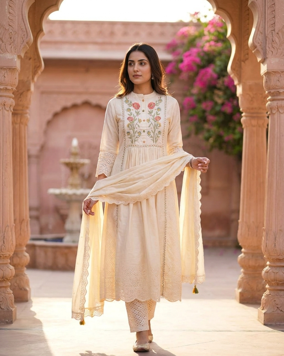 Ivory Floral Embroidered Gathered Kurta Set with Schiffli Detailing
