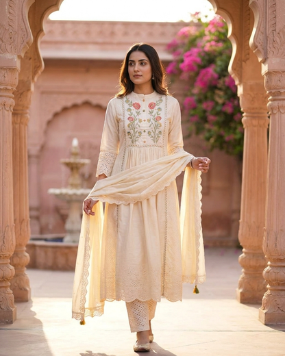 Ivory Floral Embroidered Gathered Kurta Set with Schiffli Detailing