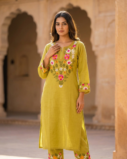 Floral Embroidered Kurta Set in Parrot Green