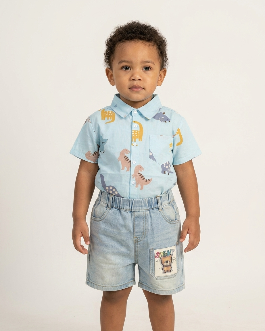 Dino-Day: Boys' Sky Blue Dinosaur Print Shirt & Light-Wash Denim Shorts Set