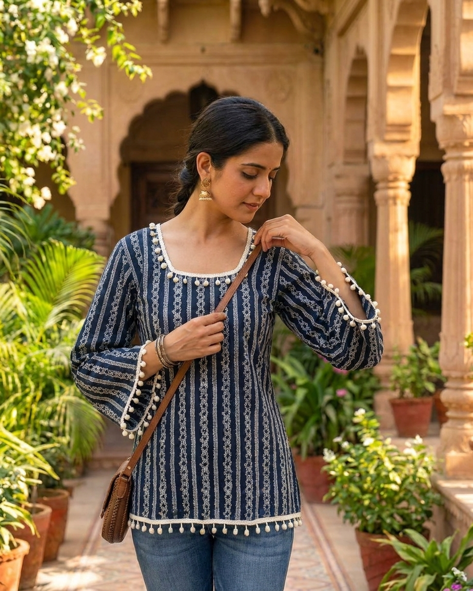 Indigo Geometric Stripe Tunic with Pom-Pom Trim