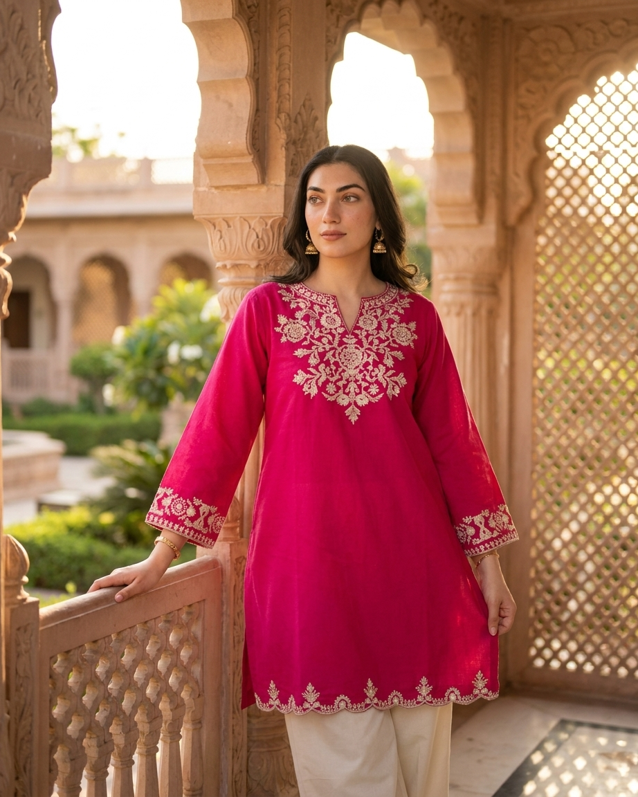 Heritage Embroidered Kurta Plazo set Rani pink