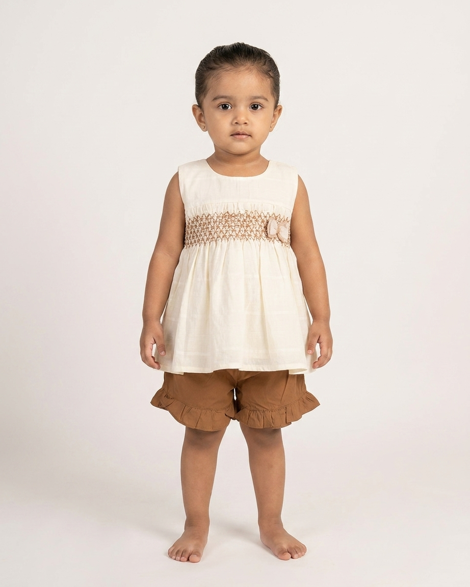 Honey Smock: Girls' Cream Sleeveless Tunic & Tan Ruffled Shorts Set
