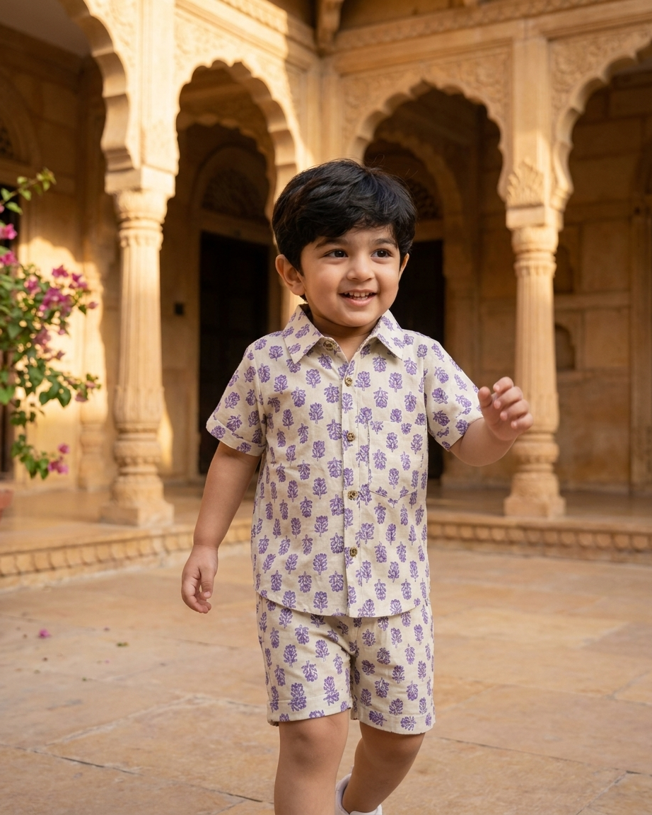 Lavender Boota Boys' Cotton Co-ord Set: Shirt & Shorts