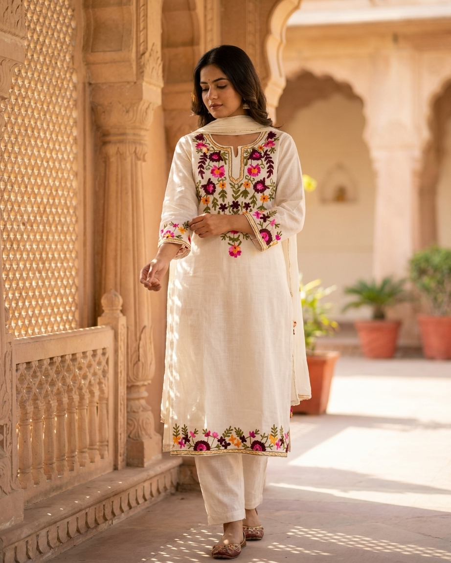 Floral Embroidered Kurta Set - White