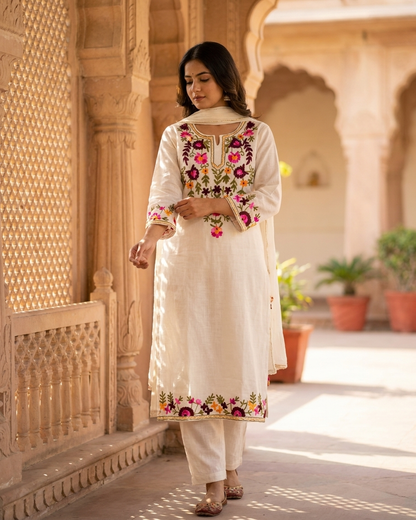 Floral Embroidered Kurta Set - White