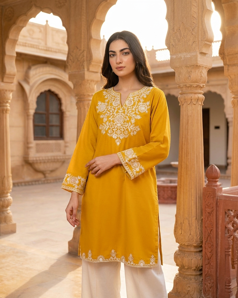 Heritage Embroidered Kurta Plazo set - Yellow