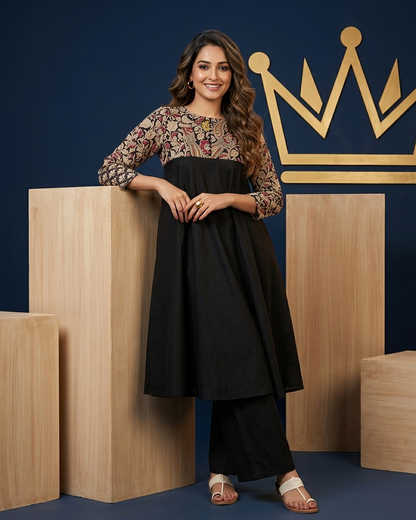 Black Kalamkari Print Yoke Flared Kurta Set