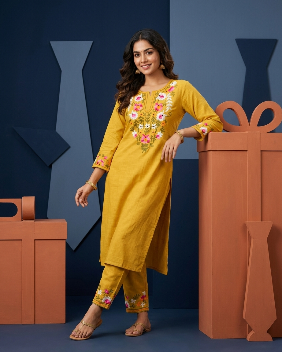 Floral Embroidered Kurta Set in Mustard yellow