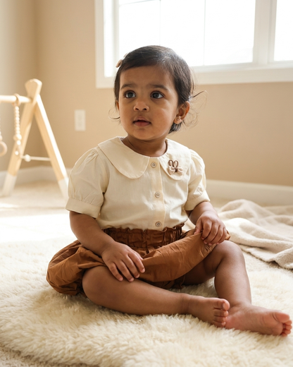 Honey & Cream: Girls' Peter Pan Collar Blouse & Bubble Bloomer Set
