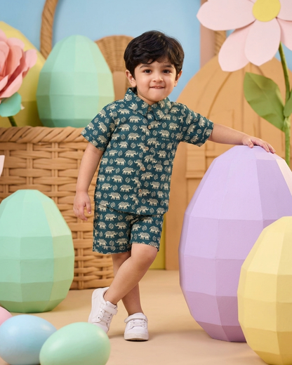 Deep Teal Elephant Motif Boys' Cotton Co-ord Set: Shirt & Shorts