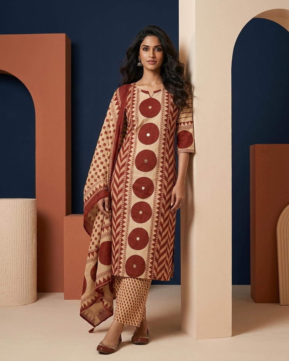 Geometric Print 3-Piece Kurta Set in Red