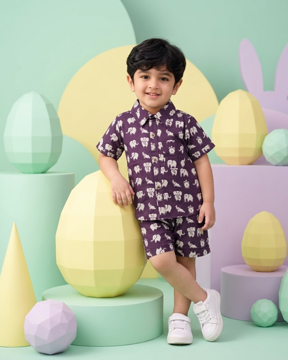 Plum Elephant Print Boys' Cotton Co-ord Set: Shirt & Shorts