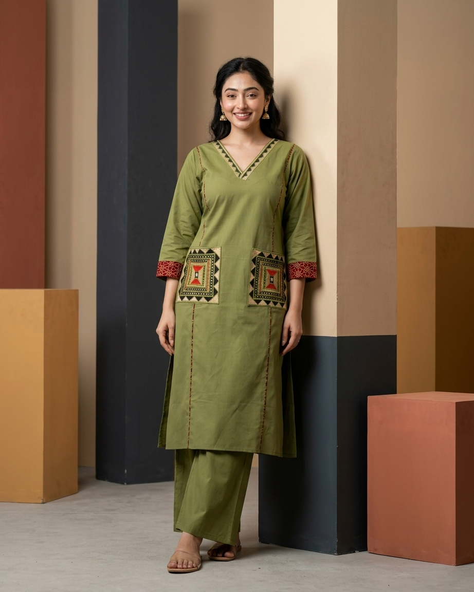 Green Geometric Embroidered Pocket Kurta Set