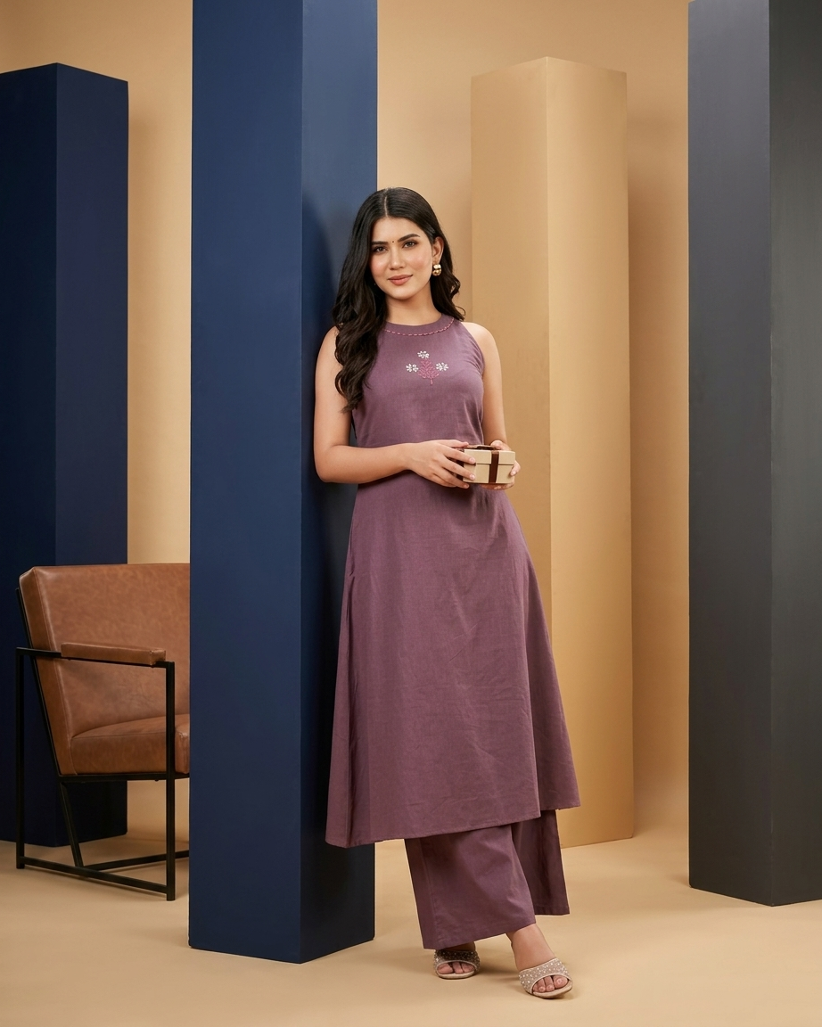 Flared A-Line Kurta Set with Floral Embroidery
