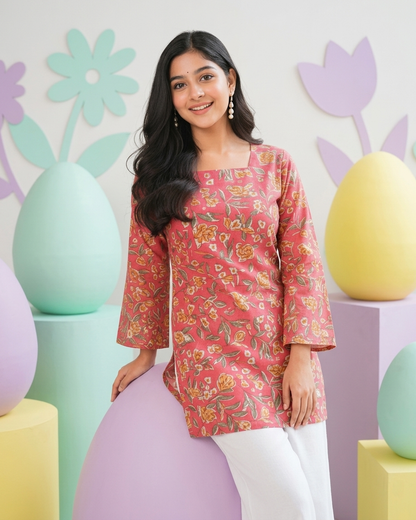 Peach-Pink Floral Cotton Short Kurti with Flared Sleeves