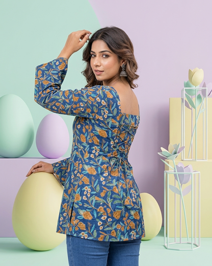 Royal Blue Floral Cotton Kurti with Lace-Up Back & Flared Sleeves
