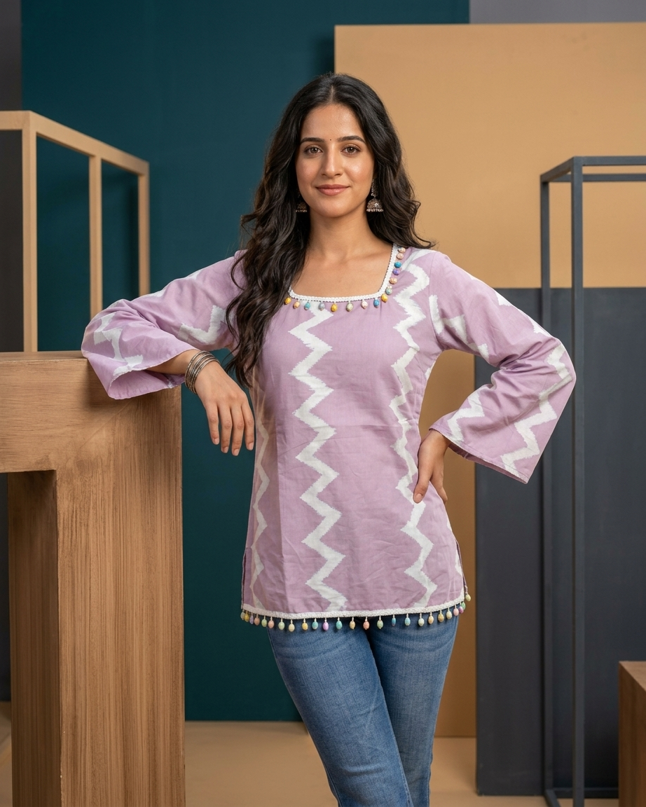 Soft Lavender Geometric Chevron Tunic with Colorful Pom-Pom Trim
