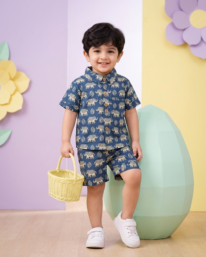 Slate Blue Elephant Motif Boys' Cotton Co-ord Set: Shirt & Shorts