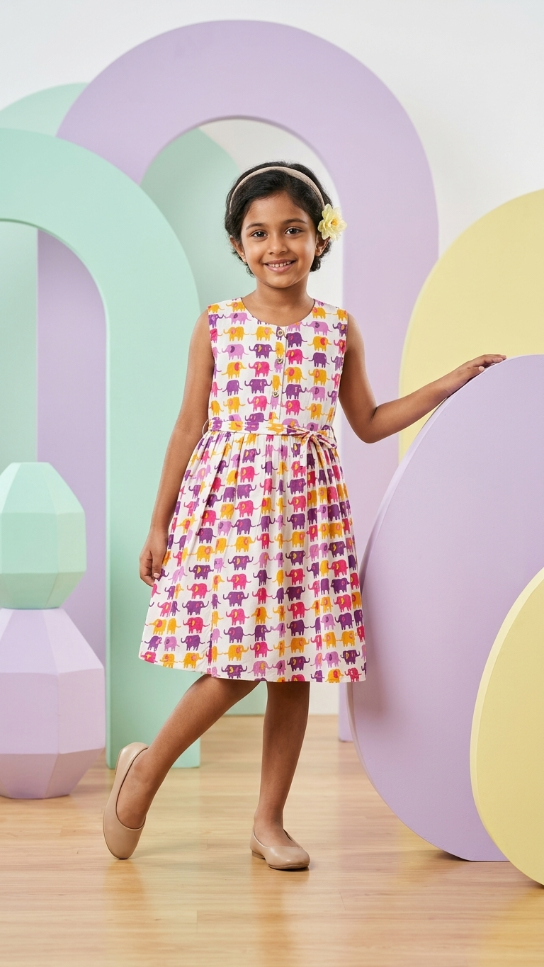 Sunset Elephant Print Girls' Cotton Sleeveless Frock