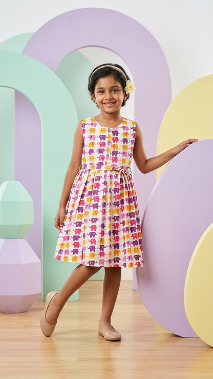 Sunset Elephant Print Girls' Cotton Sleeveless Frock