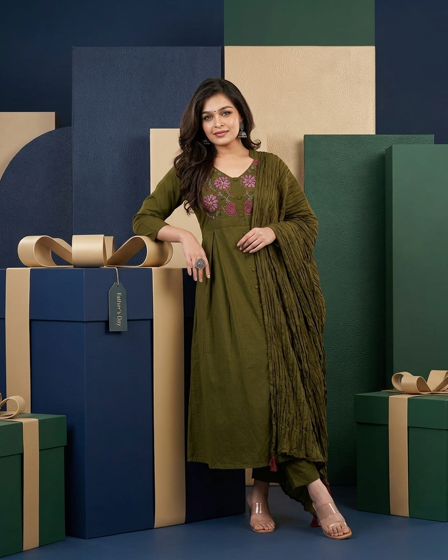 Embroidered Gathered Kurta Set with Crinkled Dupatta
