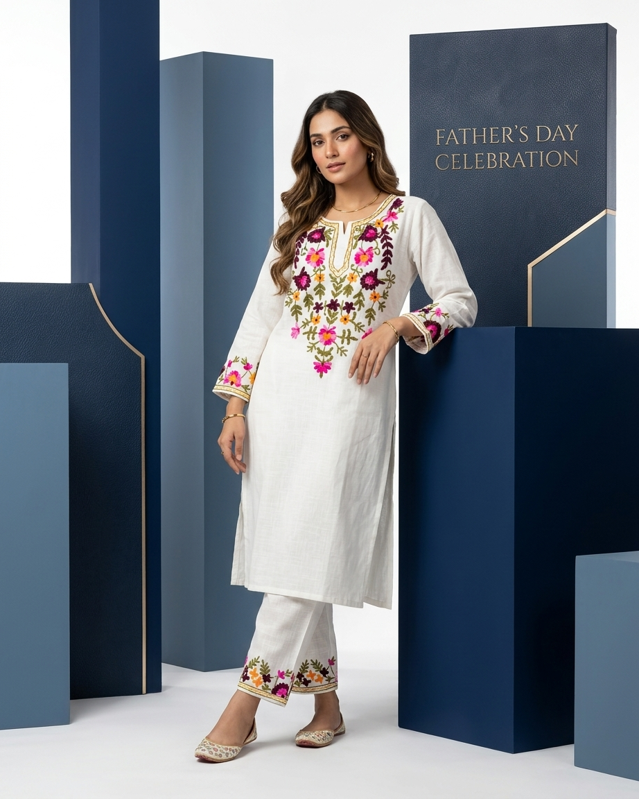 Floral Embroidered Kurta Set - White