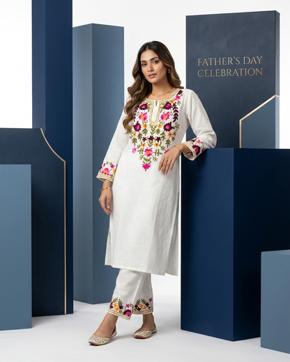 Floral Embroidered Kurta Set - White