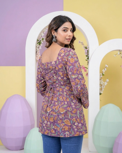 Royal Purple Floral Cotton Kurti with Lace-Up Back & Bell Sleeves
