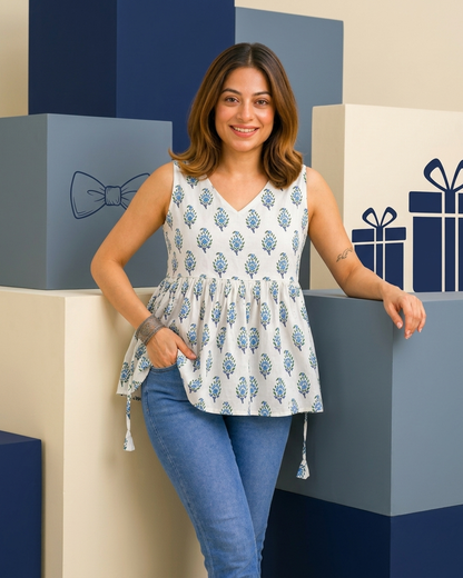Crisp White & Blue Floral Boota Peplum Top