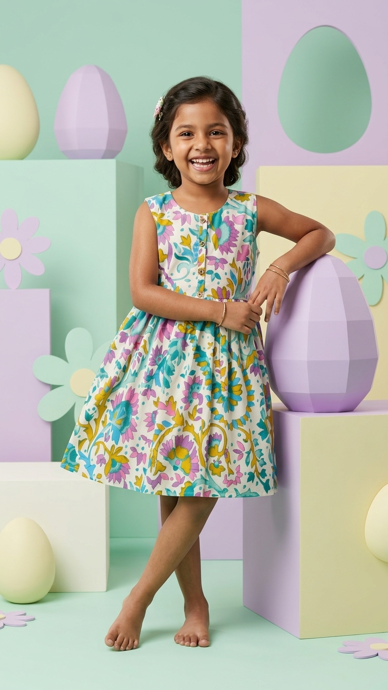 Teal and Lavender Floral Cotton Flared Frock for Girls