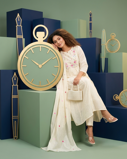 Ivory Pastel Floral Embroidered Gathered Kurta Set