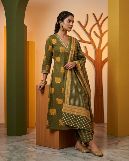 Olive Green Heritage Elephant Motif 3-Piece Kurta Set