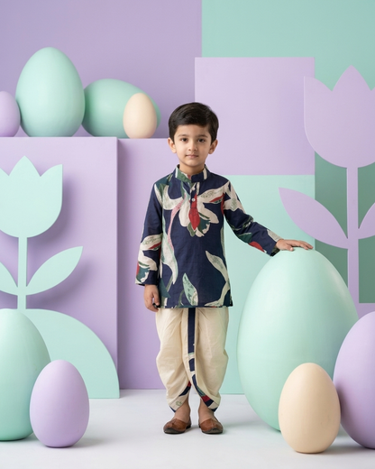 Midnight Botanic Boys' Cotton Kurta & Ready-to-Wear Dhoti Set