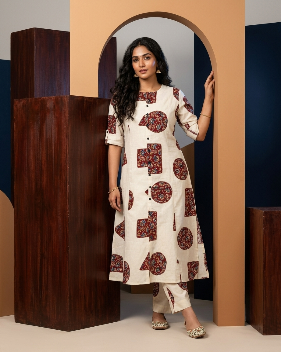 Ivory & Madder Red Geometric Patchwork-Style Kurta Set with plazo