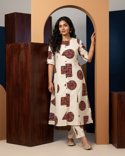 Ivory & Madder Red Geometric Patchwork-Style Kurta Set with plazo