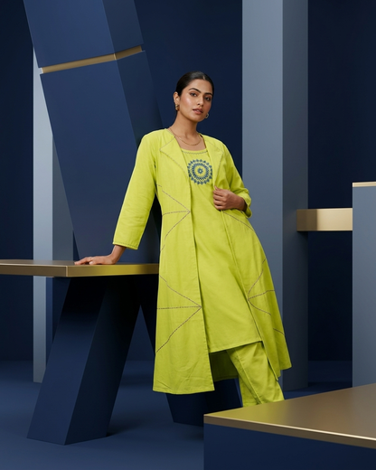 3-Piece Layered Lime Yellow Jacket Kurta Set