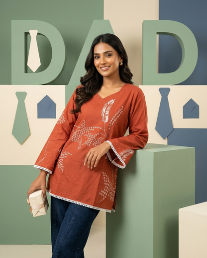 Terracotta Rust Leaf Motif Tunic with Lace Trim