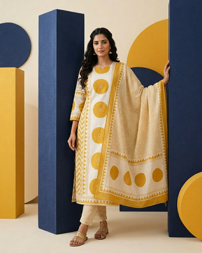 Geometric Print 3-Piece Kurta Set Mustard