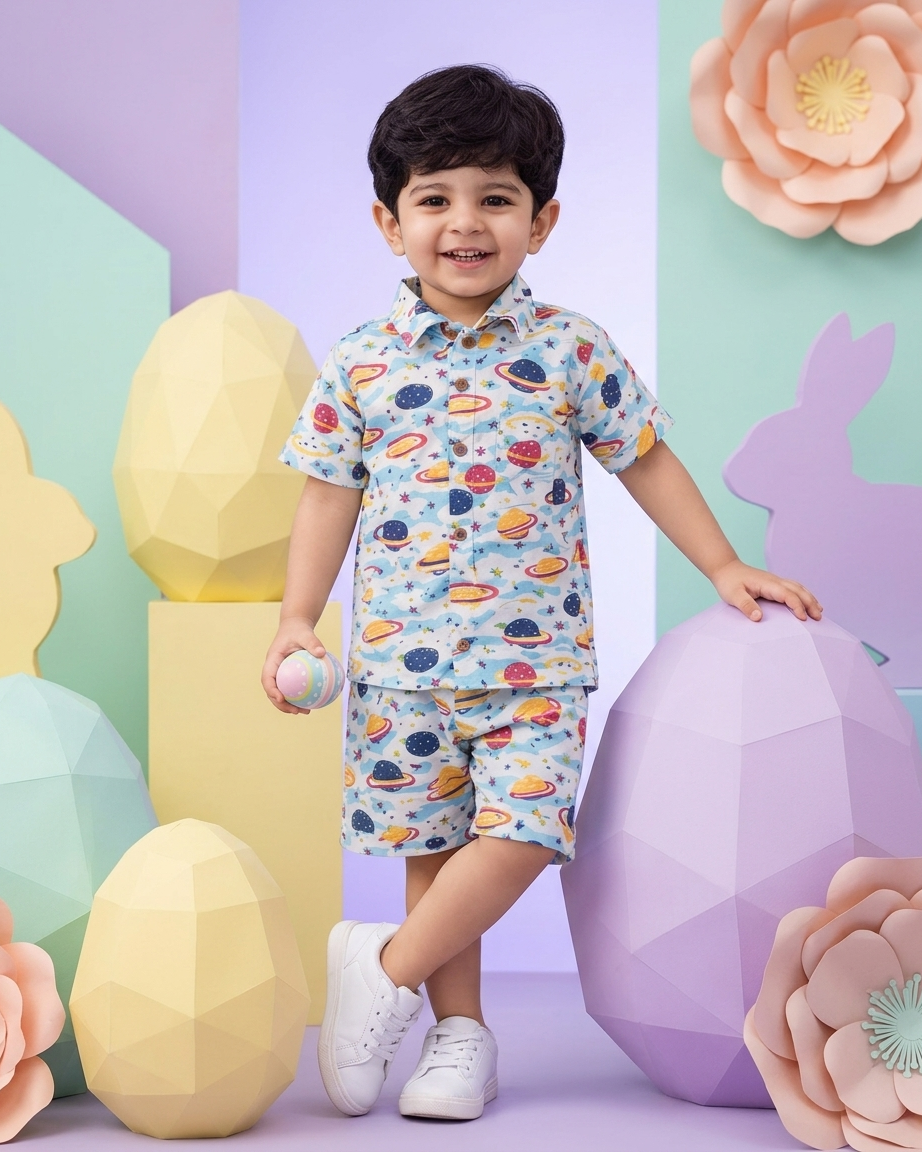 Cosmic Explorer Space Print Boys' Cotton Co-ord Set: Shirt & Shorts
