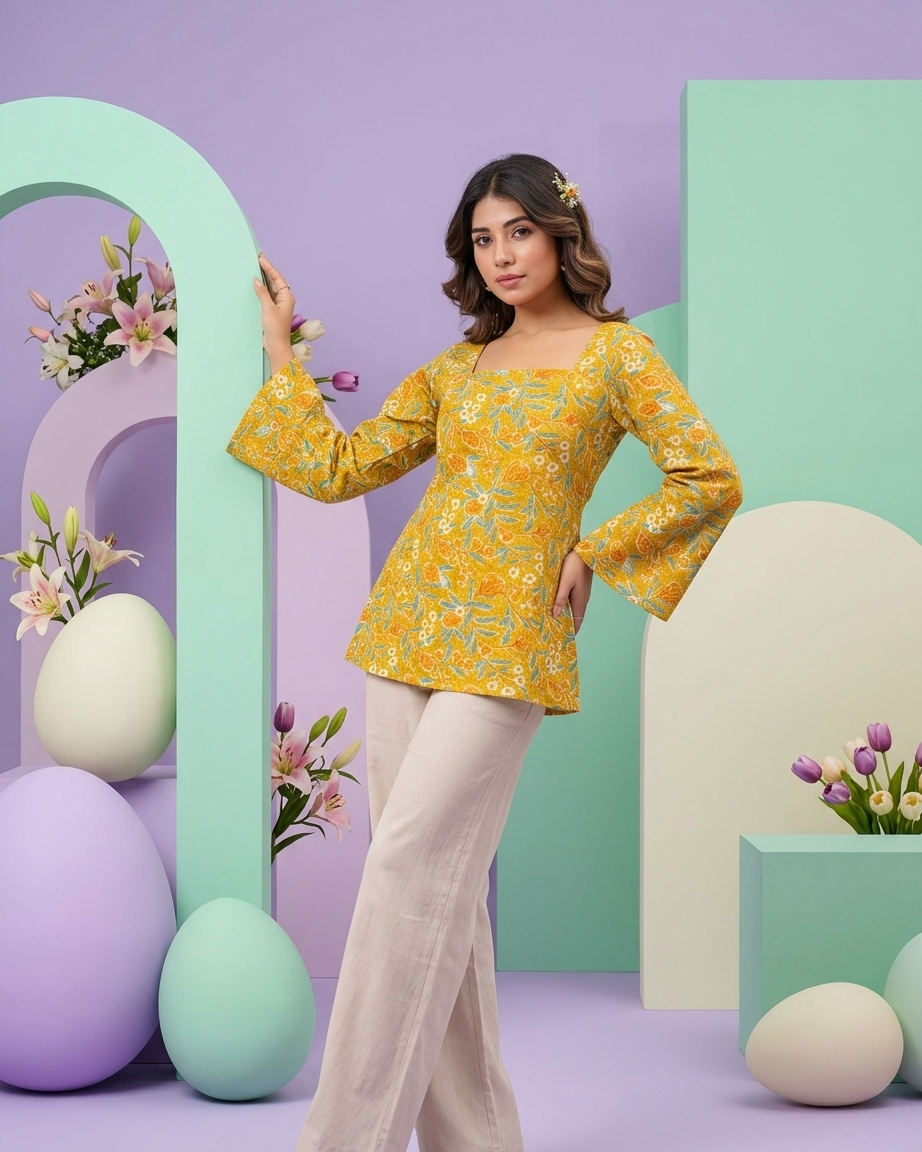 Mustard Yellow Floral Cotton Kurti with Lace-Up Back & Bell Sleeves