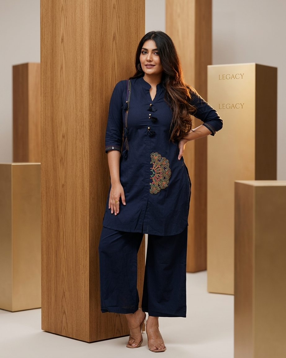 Elegant Front-Button Tassel Kurta with Mandala Embroidery