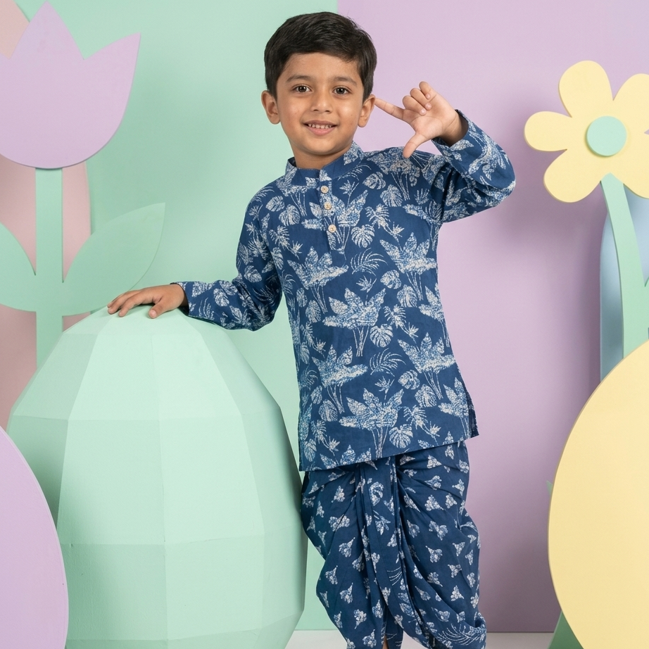 Midnight Botanic Boys' Cotton Kurta & Ready-to-Wear Dhoti Set