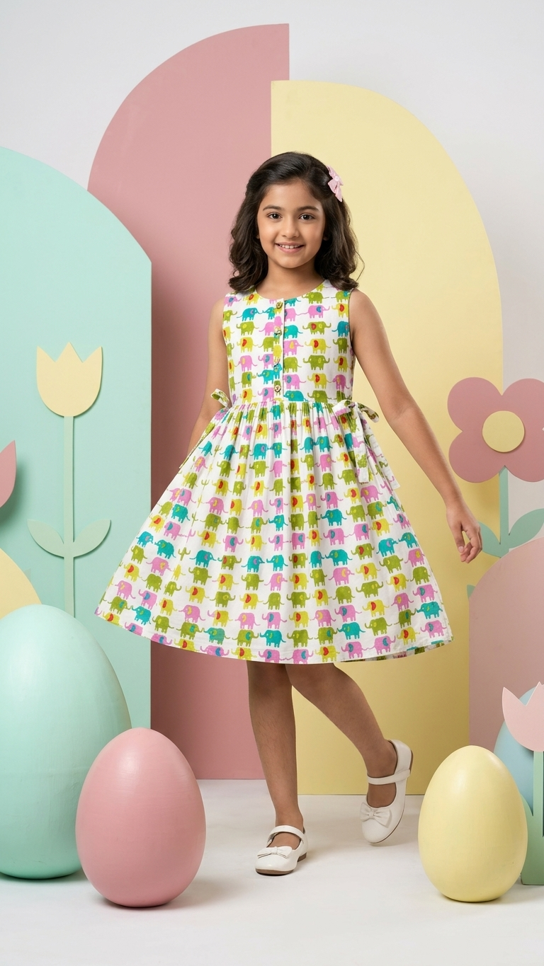 Whimsical Elephant Print Girls' Cotton Sleeveless Frock