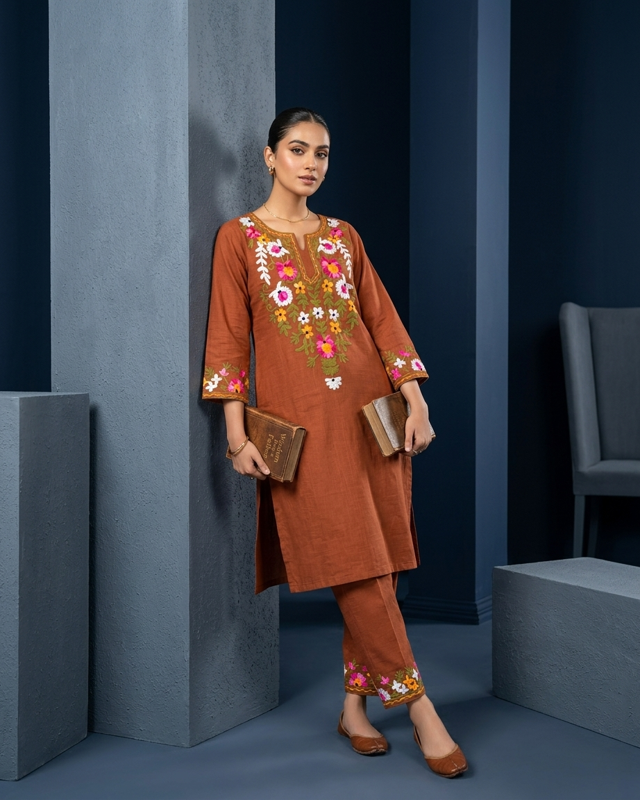 Floral Embroidered Kurta Set in Rust Brown