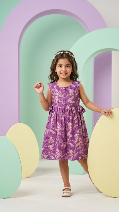 Royal Amethyst Floral Cotton Frock for Girls with Side Ties