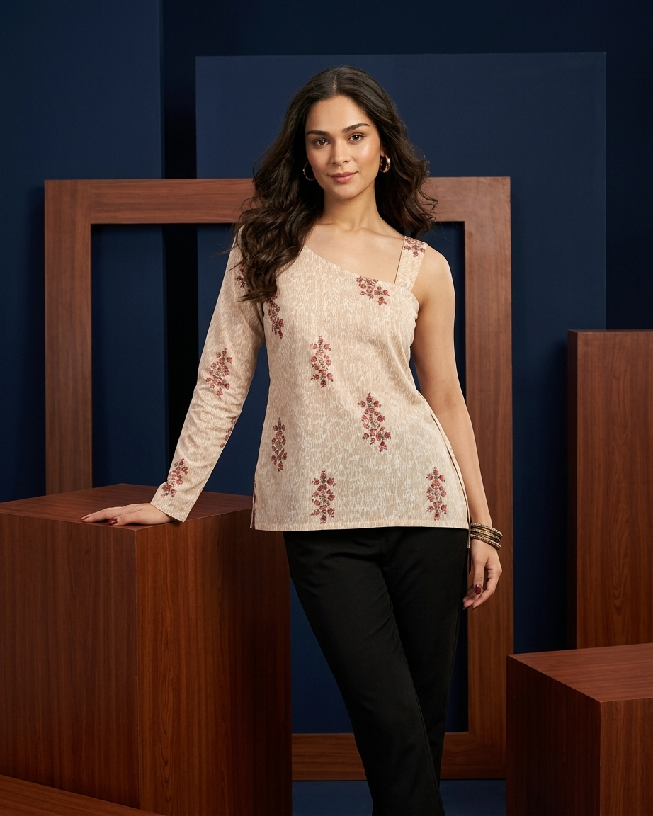 Oatmeal Asymmetrical One-Sleeve Floral Boota Top