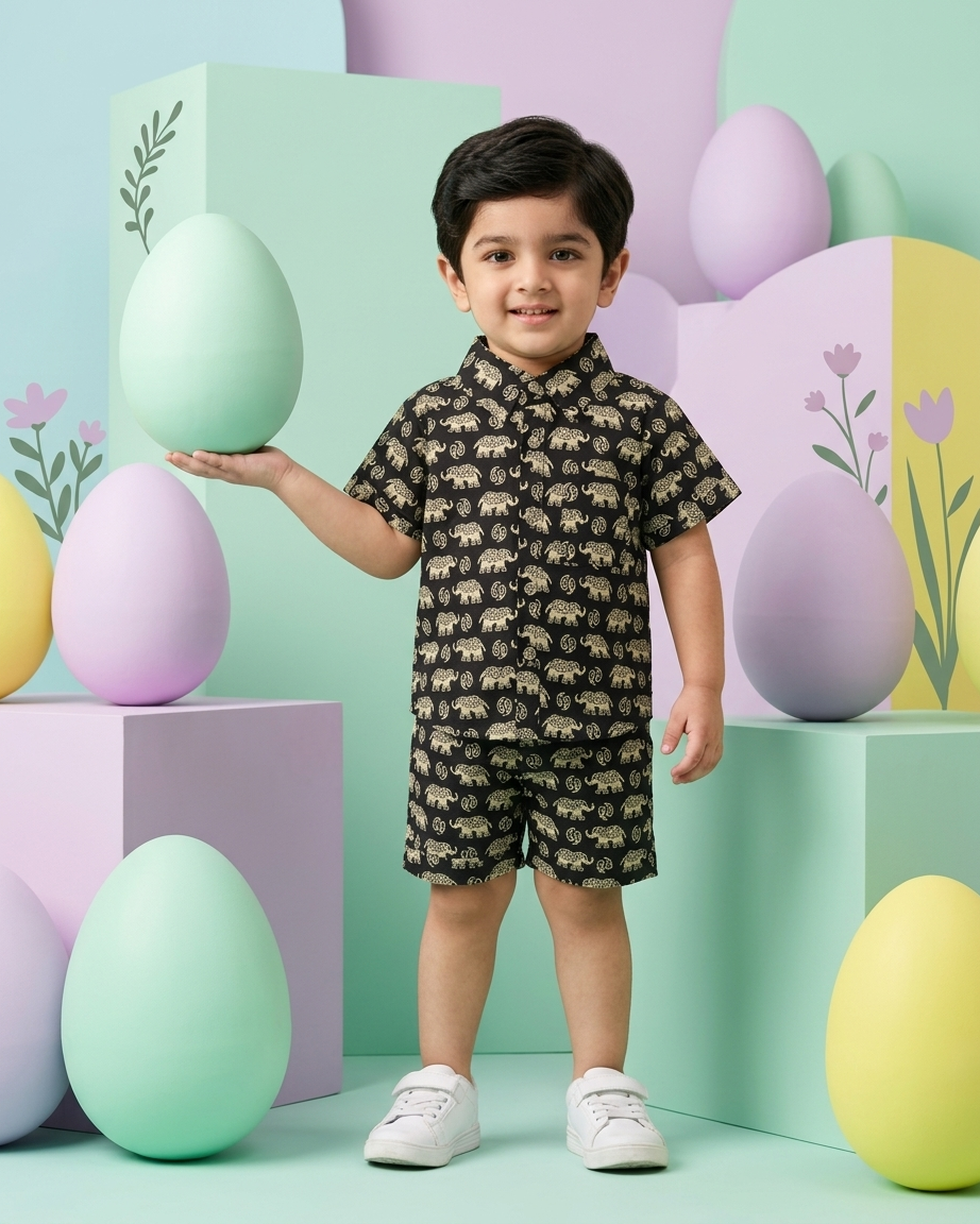 Midnight Black Elephant Print Boys' Cotton Co-ord Set: Shirt & Shorts